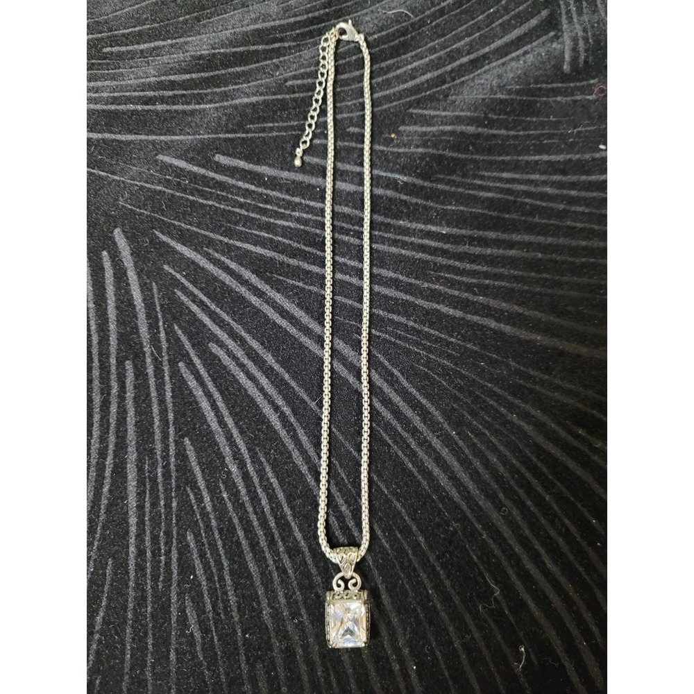 Silver Tone Emerald Cut CZ VTG Gothic Filigree Statemet Pendant Necklace 18 In